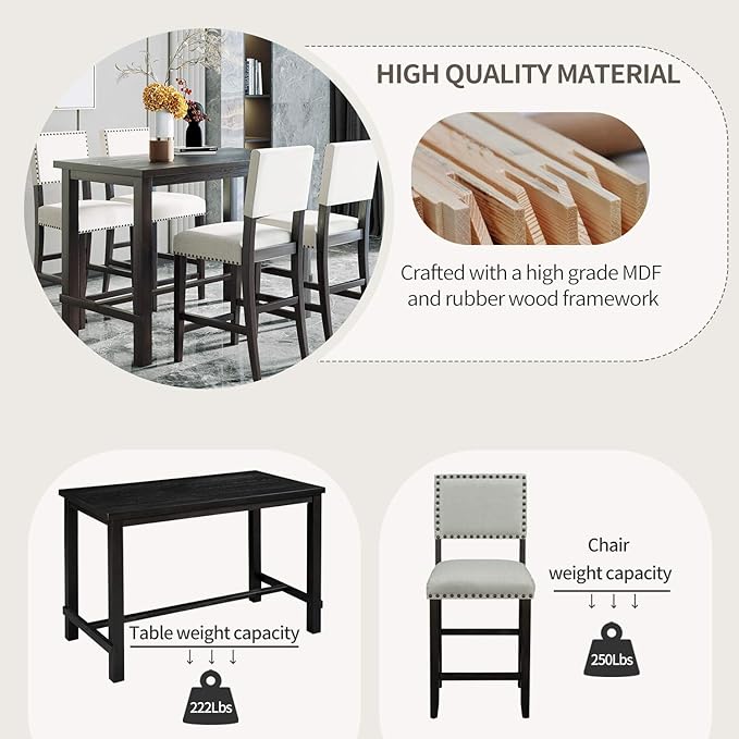 NicBex Dining Room Table Set for 4 Kitchen Table Set 5-Piece Counter Height Dining Set, Classic Elegant Table and 4 Chairs for Small Space, Apartment, Home, Office, Espresso - LeafyLoom