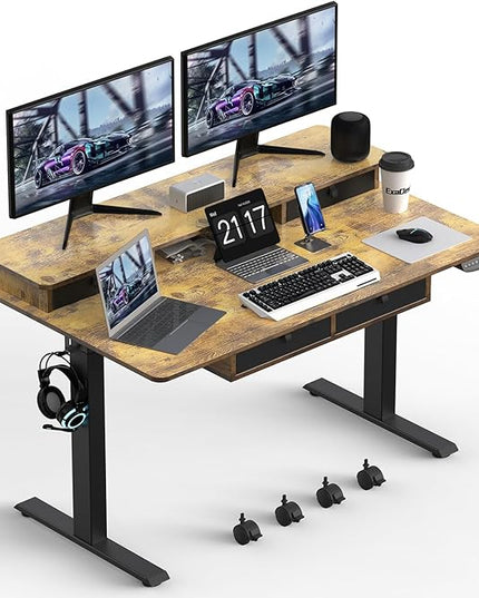 55 * 30 Inches Electric Standing Widened Desk Adjustable Height with 4 Drawers, Double Storage Shelves Stand Up Desk, Home Office Workstation Sit Stand up Desk (Rustic Brown) - LeafyLoom