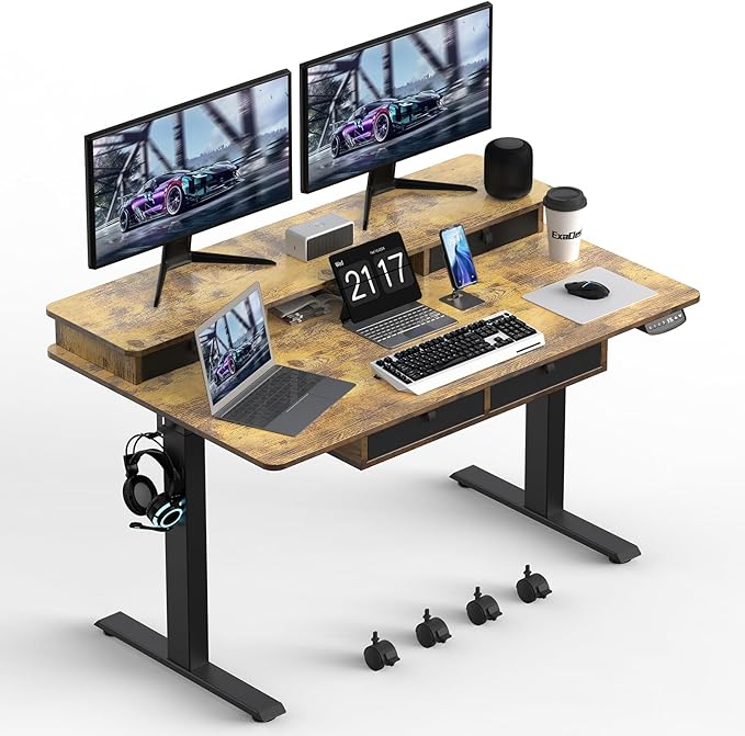 55 * 30 Inches Electric Standing Widened Desk Adjustable Height with 4 Drawers, Double Storage Shelves Stand Up Desk, Home Office Workstation Sit Stand up Desk (Rustic Brown) - LeafyLoom