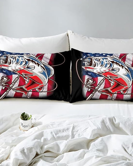 American Flag Comforter Set Farmhouse Fishing Bedding Set for Kids Boys Girls Teens Room Wild Fish Decor Comforter Red Blue Stripe Quilted Set 3Pcs Queen Size - LeafyLoom