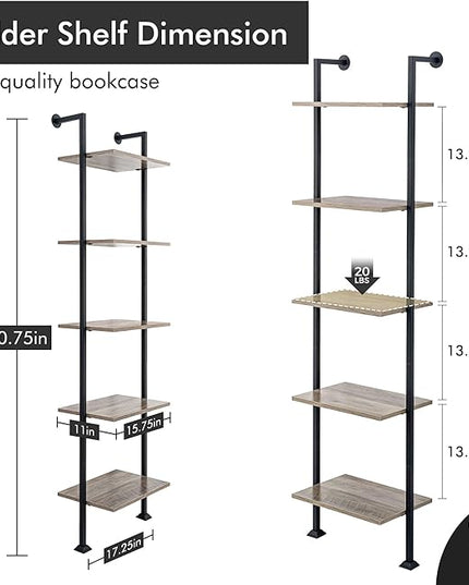Axeman 5-Tier Ladder Shelf, Tall Narrow Bookcase for Small Spaces, Book Storage Organizer Case Open Shelves for Living Room, Home Office, Study, Industrial Style Black Metal Frame and Gray Shelf - LeafyLoom