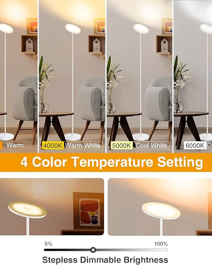 OUTON Floor Lamp, 30W/3000LM LED Modern Torchiere Sky Lamp, Bright Dimmable Standing Tall Lamp with 4 Color Temperatures, Remote Touch Control, 1 Hour Timer for Living Room Bedroom Office, White - LeafyLoom