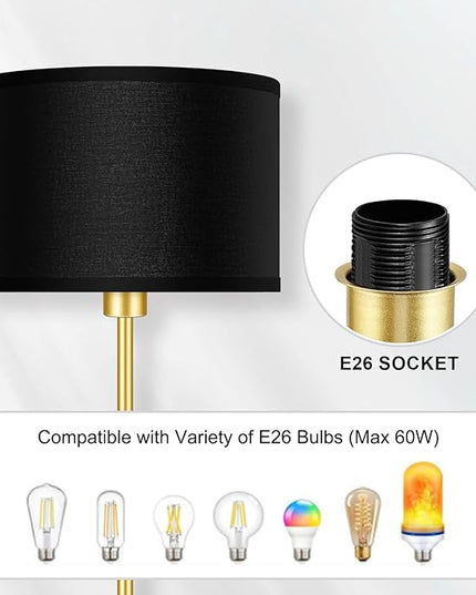 Gold Floor Lamps for Living Room Bedroom, Bright Modern Standing Lamp with 3 Color Temperatures(9W Bulb), Black Lamp Shade, 59" Tall, Footswitch, Simple Reading Floor Lamps Corner Lamp for Office/Den - LeafyLoom