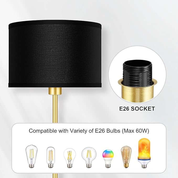 Gold Floor Lamps for Living Room Bedroom, Bright Modern Standing Lamp with 3 Color Temperatures(9W Bulb), Black Lamp Shade, 59" Tall, Footswitch, Simple Reading Floor Lamps Corner Lamp for Office/Den - LeafyLoom