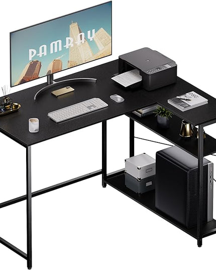 Pamray 43 Inch L Shaped Computer Desk with Reversible Side Storage Shelves, Small Corner Desk for Small Space Home Office,Writing Study Table Gaming PC Desk for Bedroom,Black - LeafyLoom