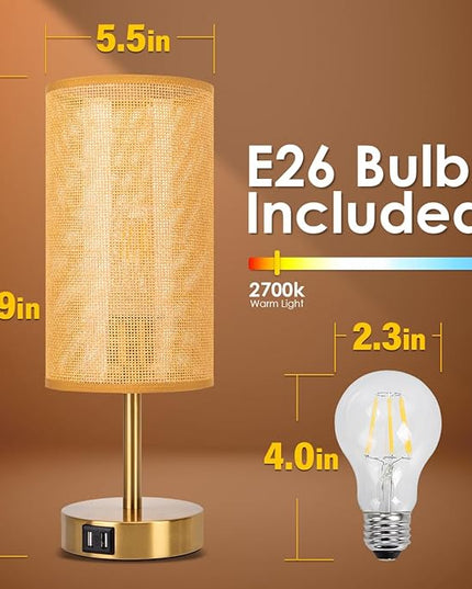 Yarra-Decor Bedside Lamp with USB Port - Touch Control Table Lamp for Bedroom Wood 3 Way Dimmable Nightstand Lamp with Round Flaxen Fabric Shade for Home Office (LED Bulb Included) (Y - NET) - LeafyLoom
