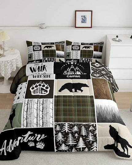 Camper Adventure Kids Comforter Set Twin Size,Deer Antlers Bear Paws Rustic Farmhouse Bedding Set for Boys Girls Adults Room Decor,Atzec Arrows Boho Down Comforter,Camo Duvet Insert,1 Pillowcase - LeafyLoom