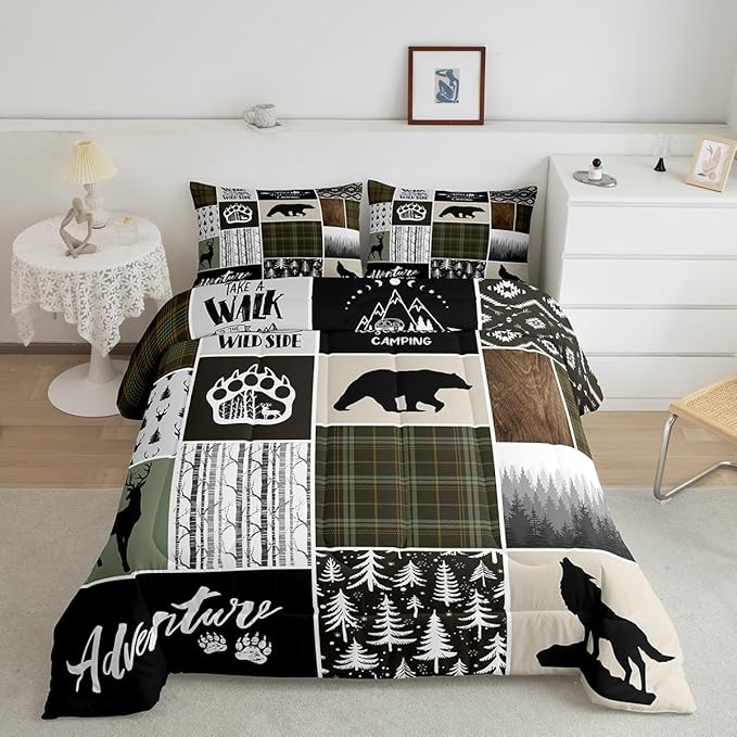 Camper Adventure Kids Comforter Set Twin Size,Deer Antlers Bear Paws Rustic Farmhouse Bedding Set for Boys Girls Adults Room Decor,Atzec Arrows Boho Down Comforter,Camo Duvet Insert,1 Pillowcase - LeafyLoom
