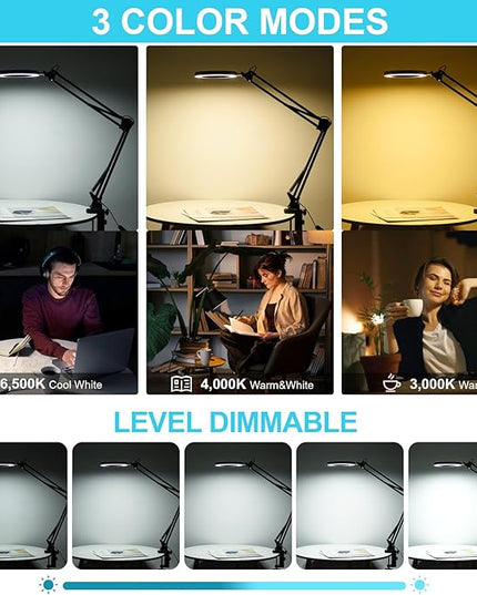 LED Magnifier Desk Lamp with Stand, 3 Color Modes & Stepless Dimming 5-Diopter Glass Lens, Adjustable Swivel Arm - Magnifying lamp for Close Work, Repair, Crafts, Reading - Long - LeafyLoom