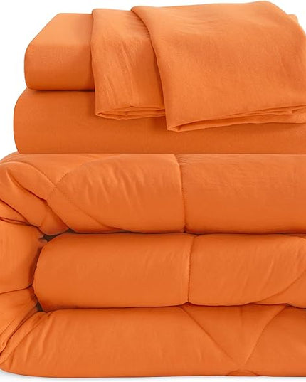 NTBAY Twin Comforter Set with Sheets, 5 Pieces Soft and Breathable Twin Bedding Set, Twin Bed in a Bag, Down Alternative Comforter Set Solid Color All Season, Kids Bedding Set, Orange - LeafyLoom