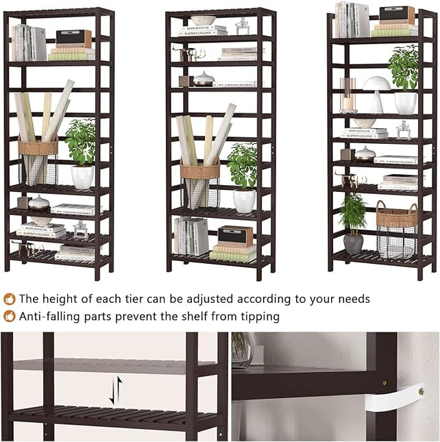 Homykic Bamboo Bookshelf, 6-Tier Adjustable 63.4” Tall Bookcase Book Shelf Organizer Free Standing Storage Shelving Unit for Living Room, Bathroom, Kitchen, Bedroom, Rust Resistance, Espresso - LeafyLoom