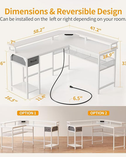 CubiCubi L Shaped Gaming Desk with LED Lights and Power Outlets, 58" Reversible Corner Computer Desk with Storage Shelves and Drawer, Home Office Desk with Monitor Stand, White - LeafyLoom