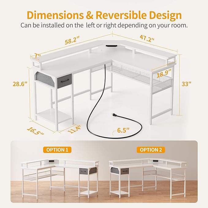 CubiCubi L Shaped Gaming Desk with LED Lights and Power Outlets, 58" Reversible Corner Computer Desk with Storage Shelves and Drawer, Home Office Desk with Monitor Stand, White - LeafyLoom