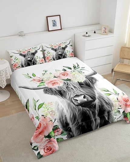 Highland Cow Bedding Set Kids Rose Floral Bull Cattle Comforter Set for Girls Teens Western Wildlife Animal Comforter Farmhouse Duvet Set Room Decor Quilt Set Full Size - LeafyLoom