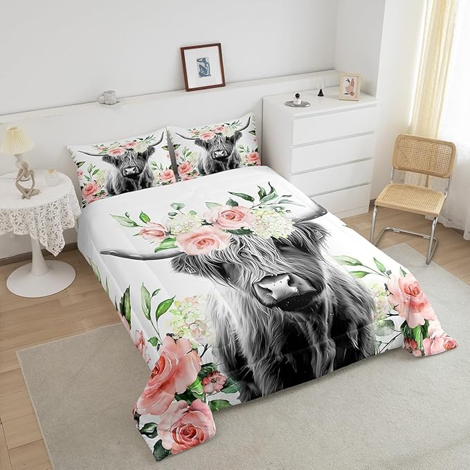 Feelyou Highland Cow Bedding Set Kids Rose Floral Bull Cattle Comforter Set for Girls Teens Western Wildlife Animal Comforter Farmhouse Duvet Set Room Decor Quilt Set King Size - LeafyLoom