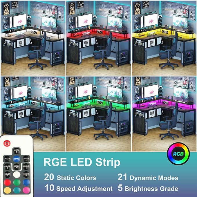 Industrial Home Office Desk with Storage, L Shaped Desk with Power Outlet, Reversible Computer Desk with Monitor Stand, Corner Gaming Desk with Led Lights (Walnut Brown) - LeafyLoom