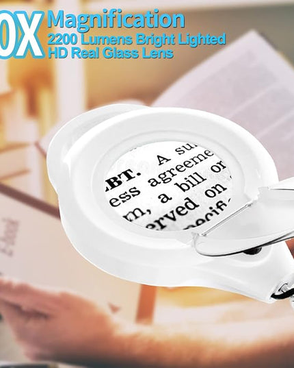 10X Magnifying Lamp with Clamp, 2200 LM Super Bright and Stepless Dimming Magnifying Glass with Light, Real Glass Lens Lighted Magnifier Lamp for Close Work, Crafts, Reading, Repair -White - LeafyLoom