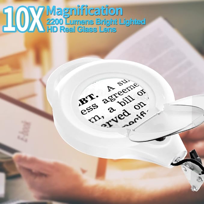 10X Magnifying Lamp with Clamp, 2200 LM Super Bright and Stepless Dimming Magnifying Glass with Light, Real Glass Lens Lighted Magnifier Lamp for Close Work, Crafts, Reading, Repair -White - LeafyLoom