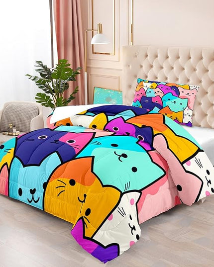 Cat Comforter Set Twin - Twin Size Comforter Set for Girls Cat Kids Cute Cat Bedding Twin Colorful Cartoon Cat Theme Bedding Sets, 1 Comforter+1 Pillowcase - LeafyLoom