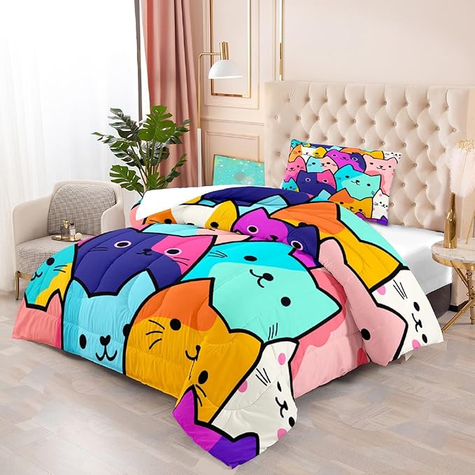 Cat Comforter Set Twin - Twin Size Comforter Set for Girls Cat Kids Cute Cat Bedding Twin Colorful Cartoon Cat Theme Bedding Sets, 1 Comforter+1 Pillowcase - LeafyLoom