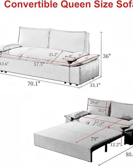 3 in 1 Oversized Love Seat Sofá Convertible Queen Size Sofabed with 2 Lumbar Pillows, Loveseat Sofa W/Pull Out Sleeper Couch Bed for Home,Office,Apartment,RV Living Room, 70.1", Grey - LeafyLoom