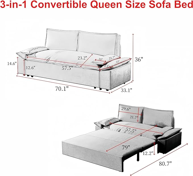 3 in 1 Oversized Love Seat Sofá Convertible Queen Size Sofabed with 2 Lumbar Pillows, Loveseat Sofa W/Pull Out Sleeper Couch Bed for Home,Office,Apartment,RV Living Room, 70.1", Beige - LeafyLoom