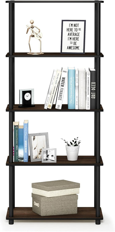 Furinno Turn-N-Tube 5-Tier Multipurpose Shelf / Display Rack / Storage Shelf / Bookshelf, Round Tubes, Columbia Walnut/Black - LeafyLoom