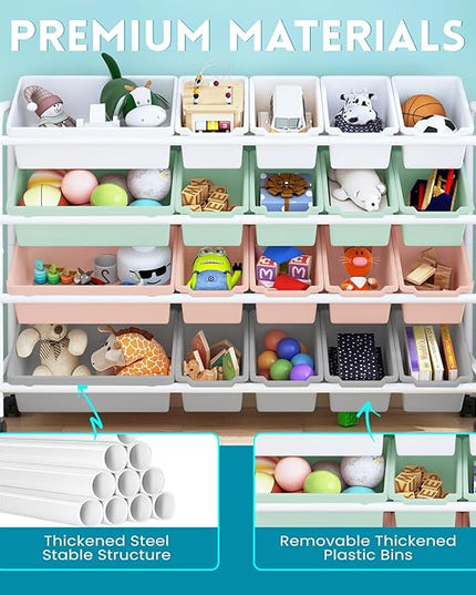Kids Toy Storage Organizer with 20 Plastic Bins, 4-Tier Metal Toy Storage Rack, Extra Large Toy Organizer and Storage Bins for Kids Room, Playroom and Nursery, Multi-Color - LeafyLoom