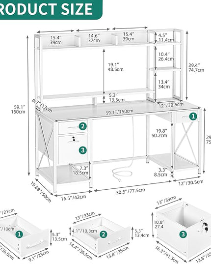 YITAHOME Computer Desk with Drawers & Hutch, 59.1" Office Desk with LED Lights & Power Outlets, Gaming Desk with Monitor Stand & Storage Shelves, White - LeafyLoom
