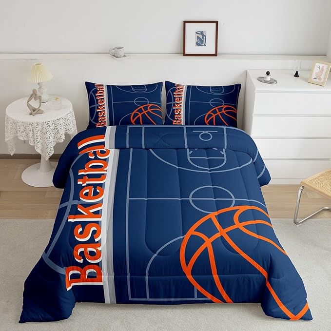 Feelyou Basketball Bedding Set King Size Gaming Sports Comforter Set for Kids Boys Girls Decor Ball Games Comforter Basketball Lover Duvet Set Bedroom Quilt Set - LeafyLoom