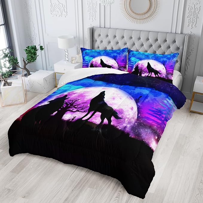 Wolf Comforter Set Galaxy Wolf Night Moon Bedding Set for Kids Teens Room Decor Wild Animals Comforter with 2 Pillowcases - LeafyLoom