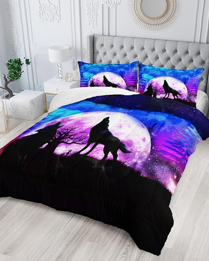 Wolf Comforter Set Galaxy Wolf Night Moon Bedding Set for Kids Teens Room Decor Wild Animals Comforter with 2 Pillowcases - LeafyLoom