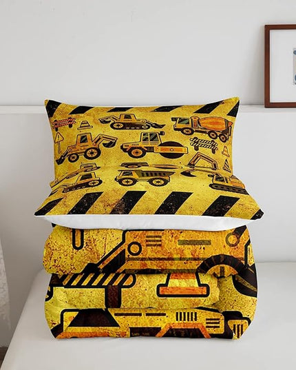 Boys Excavator Bedding Set Queen Size Kids Construction Vehicles Comforter For Kids Children Cartoon Machinery Truck Comforter Set Construction Site Cars Tractor Duvet Set 3Pcs With 2 Pillow Cases - LeafyLoom
