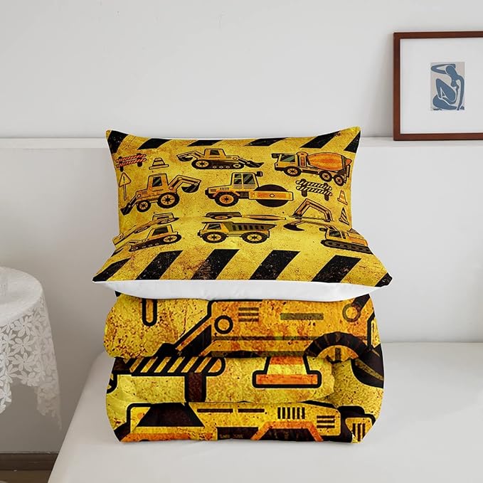 Tractor Bedding Set Full Size, Equipment Truck Comforter Set, Construction Excavator Down Comforter, Yellow Vehicle Super Soft Quilt Set For Kids Boys Teens, Construction Site Car Comforter Decor - LeafyLoom