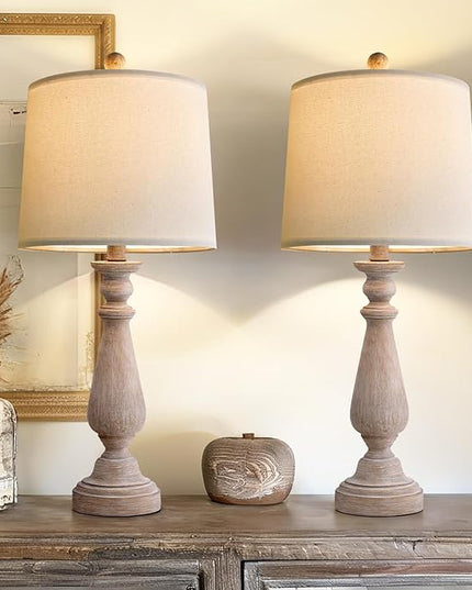 PORTRES 24.5" Mid Century Table Lamp Set of 2 for Living Room Farmhouse Linen Bedside Lamps for Bedroom Kids Room Dorm Office Rustic Lamps for End Table Nigntstand Resin - LeafyLoom