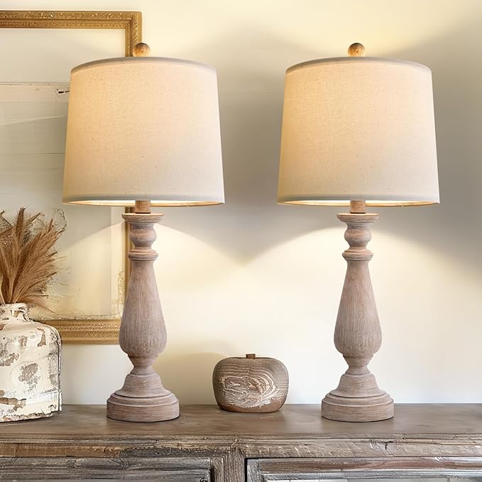 PORTRES 24.5" Mid Century Table Lamp Set of 2 for Living Room Farmhouse Linen Bedside Lamps for Bedroom Kids Room Dorm Office Rustic Lamps for End Table Nigntstand Resin - LeafyLoom