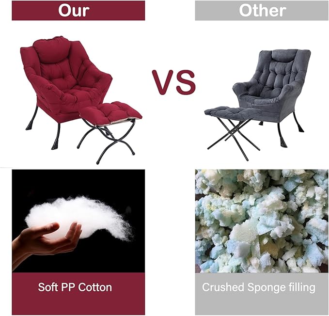 LITA Lazy Chair with Ottoman, Modern Accent Leisure Upholstered Sofa Chair, Contemporary Lounge Reading Chair with Armrests and a Side Pocket for Living Room, Bedroom & Small Space, Burgundy - LeafyLoom