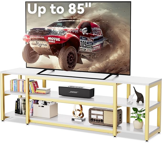 Aquzee 75in Long TV Stand for 32-85 Inch TVs, Under TV Console Table with 3-Tier Shelves, Industrial White TV Cabinet and Entertainment Center for Living Room, Bedroom, Gaming Room - LeafyLoom