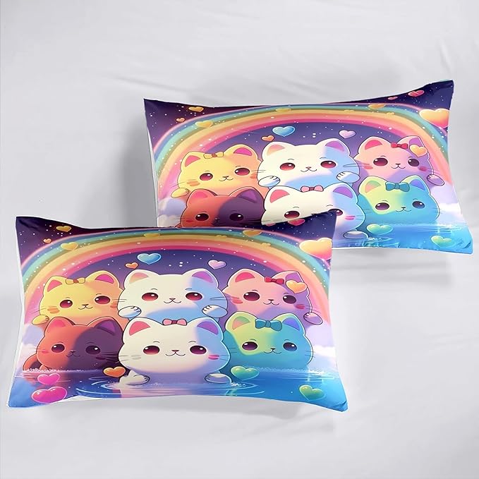Rainbow Cat Comforter Full Size - Rainbow Cat Bedding for Girls Room Cute Cartoon Rainbow Bedding Full Comforter Sets for Kids, 1 Comforter+2 Pillowcases - LeafyLoom