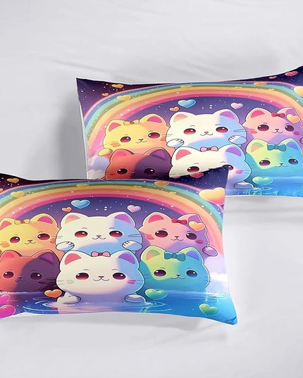 Rainbow Cat Comforter Queen Size - Rainbow Cat Bedding for Girls Room Cute Cartoon Rainbow Bedding Queen Comforter Sets for Kids, 1 Comforter+2 Pillowcases - LeafyLoom