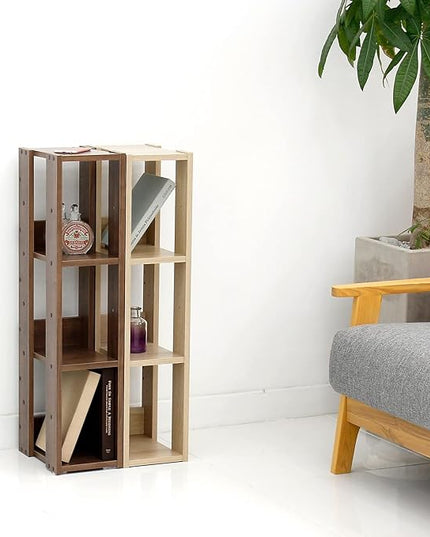 USA 3-Tier 8" Slim Open Wooden Bookshelf with Adjustable Shelves, Easy Assembly Bookcase Farmhouse Shelf for Small Spaces Bedroom Office Living Room Indoor, Brown - LeafyLoom