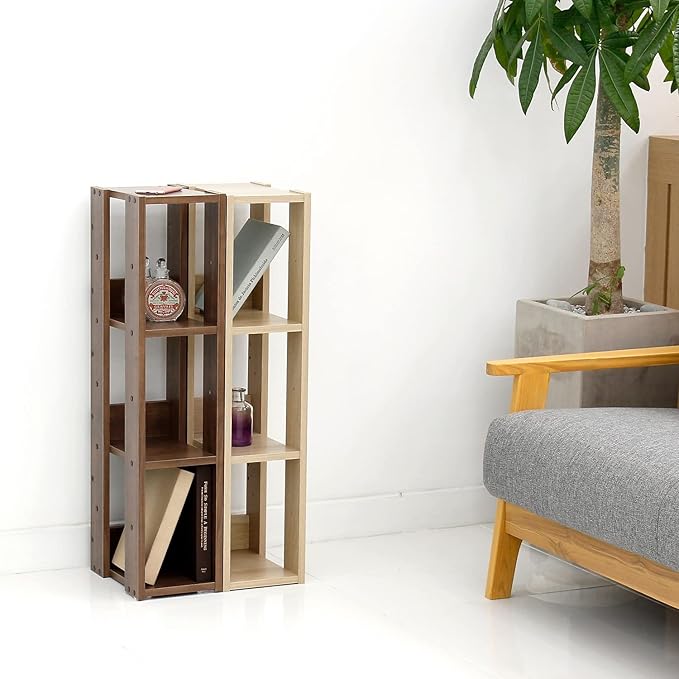 USA 3-Tier 8" Slim Open Wooden Bookshelf with Adjustable Shelves, Easy Assembly Bookcase Farmhouse Shelf for Small Spaces Bedroom Office Living Room Indoor, Brown - LeafyLoom