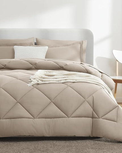 CozyLux Full Comforter Set with Sheets 7 Pieces Bed in a Bag Oatmeal All Season Bedding Sets with Comforter, Pillow Shams, Flat Sheet, Fitted Sheet and Pillowcases - LeafyLoom