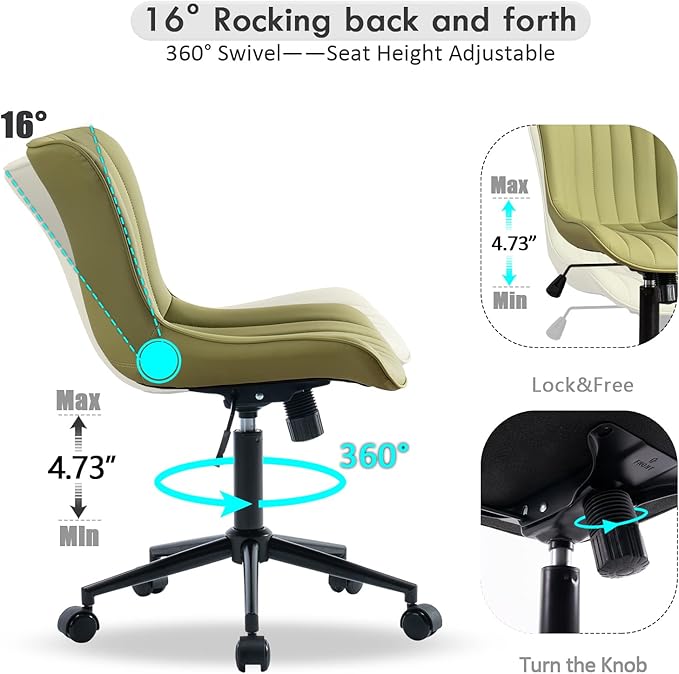 YOUNIKE Armless Office Chair Swivel Desk Chair with Wheels Upholstered Leather Task Computer Chair Adjustable Modern Rolling Gaming Chair Avocado Green Vanity Chair - LeafyLoom