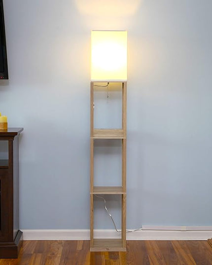 Brightech Maxwell Charger - Modern Shelf Floor Lamp with USB Charging Ports & Electric Outlet - Corner Display Floor Lamps with Shelves for Living Room, Bedroom and Office - Rustic Wood - LeafyLoom
