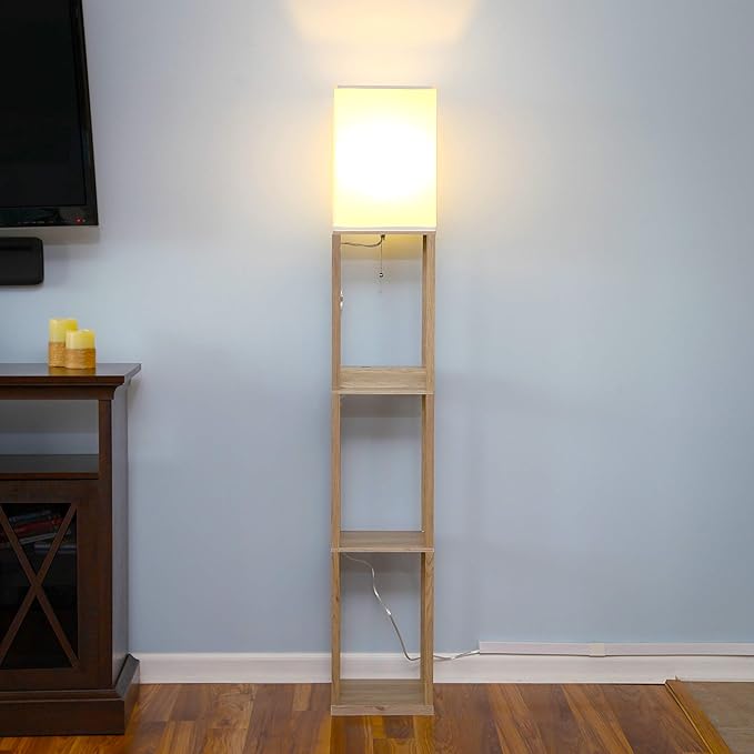 Brightech Maxwell Charger - Modern Shelf Floor Lamp with USB Charging Ports & Electric Outlet - Corner Display Floor Lamps with Shelves for Living Room, Bedroom and Office - Rustic Wood - LeafyLoom