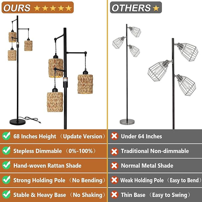 Rattan Floor Lamp, 3-Lights Boho Floor Lamp with Stepless Dimmer, Farmhouse Rustic Floor Lamps for Living Room, Tall Floor Lamp with Rattan Shades, Dimmable Standing Lamp for Bedroom - LeafyLoom
