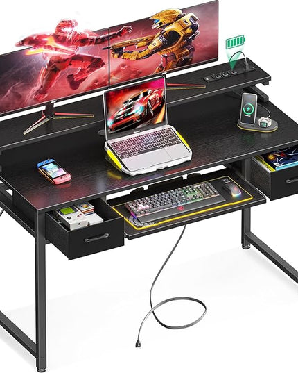 ODK Computer Desk with Drawers, 48 Inch Gaming Desk with Power Outlet, Office Desk with Keyboard Tray, Study Table Work Desk with Monitor Shelf, Writing Desk PC Desk for Home Office, Black - LeafyLoom