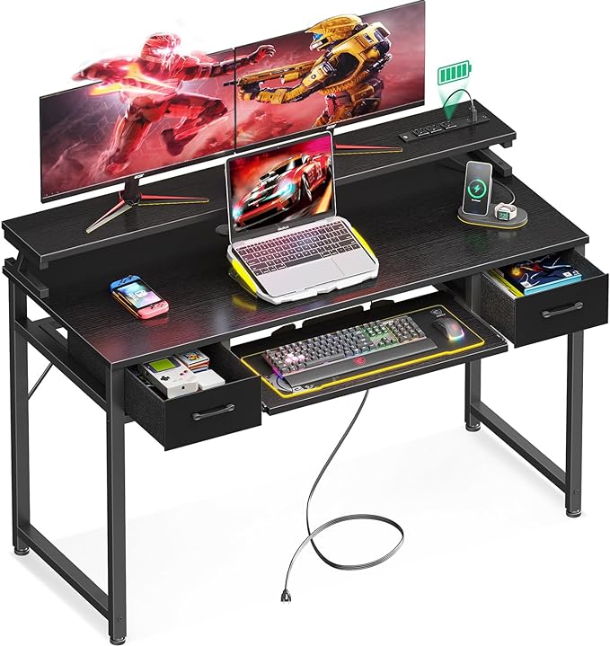 ODK Computer Desk with Drawers, 48 Inch Gaming Desk with Power Outlet, Office Desk with Keyboard Tray, Study Table Work Desk with Monitor Shelf, Writing Desk PC Desk for Home Office, Black - LeafyLoom