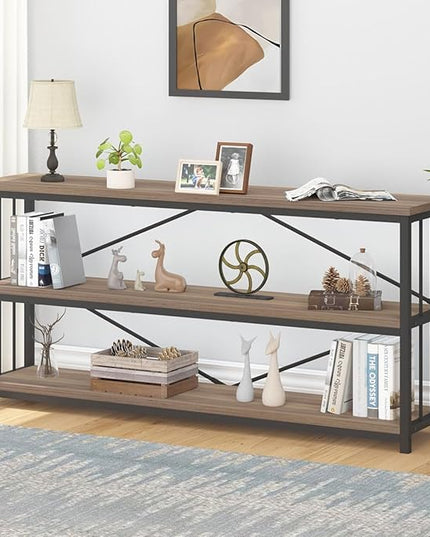 IBF Industrial 3 Tier Bookshelf, Rustic Low Wood and Metal Book Shelf, Farmhouse Long Wide Open Horizontal Bookcase, Modern Large Vintage Etagere for Home Office Bedroom Living Room, Rustic Oak, 63 In - LeafyLoom